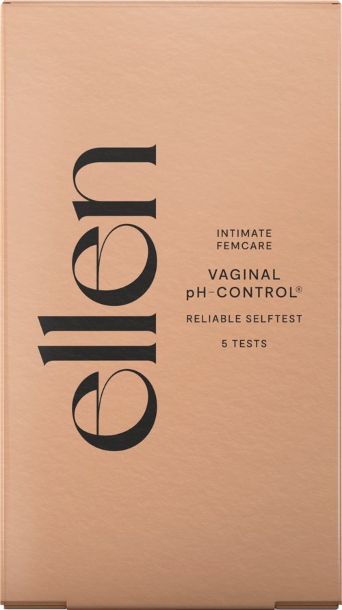En rosa låda med svart text visar en testkit för kvinnors vaginala hälsa kallad 'Elliten' för pH-testning.