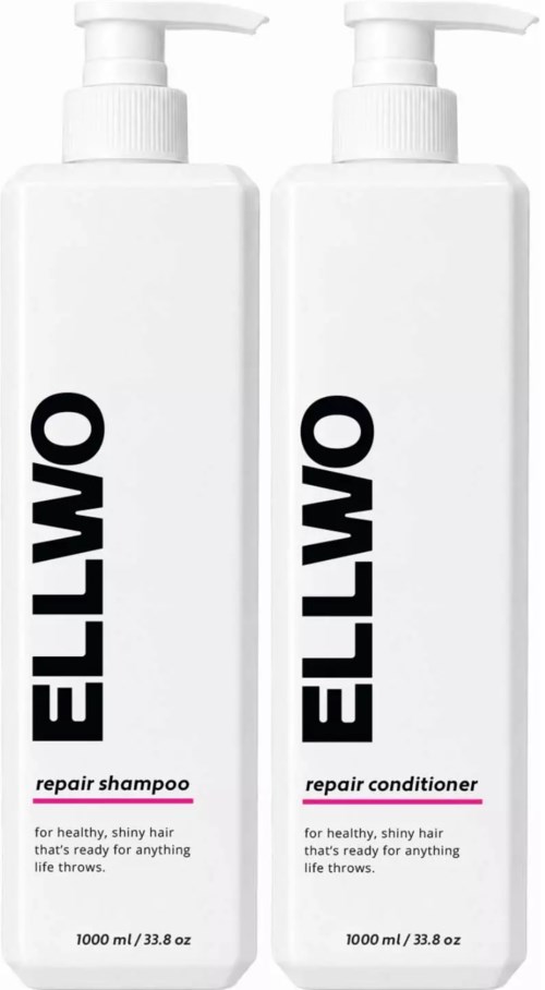 Two white bottles of Elimo hair care products, repair shampoo and conditioner, with black and pink text and pump dispensers.
