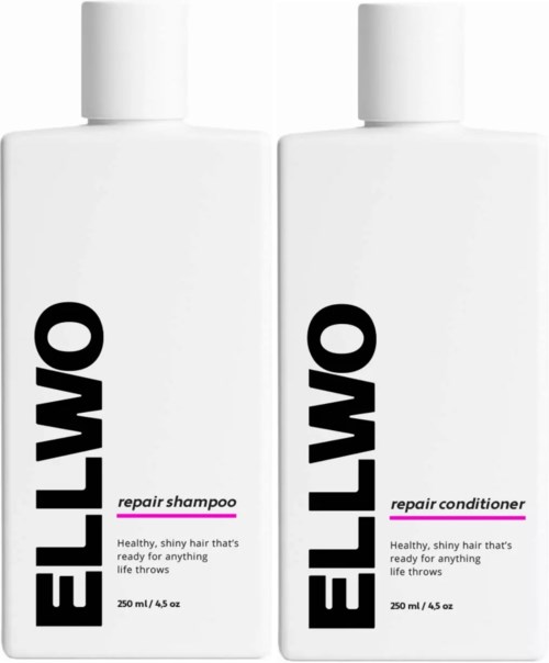 Two white bottles with black and pink text, labeled ELLO repair shampoo and conditioner, 250 ml each.