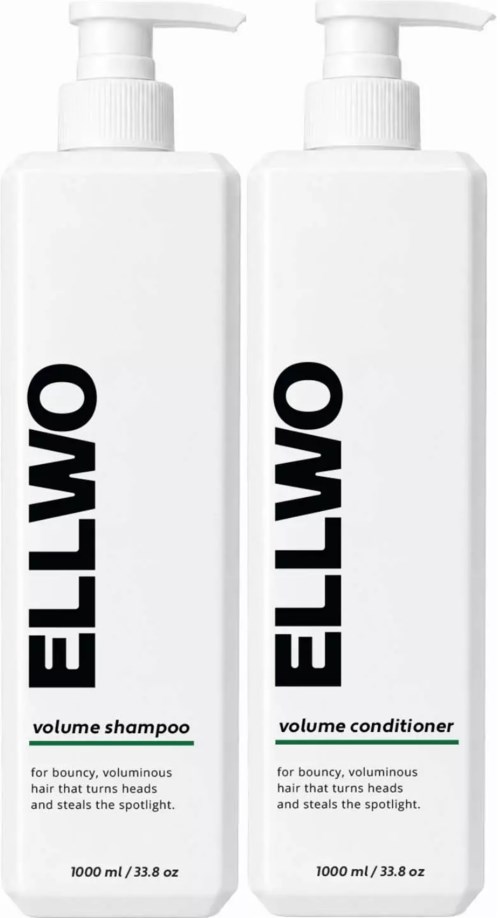 Two white bottles of Ello volume shampoo and conditioner with pump dispensers, side by side, with black and green text.