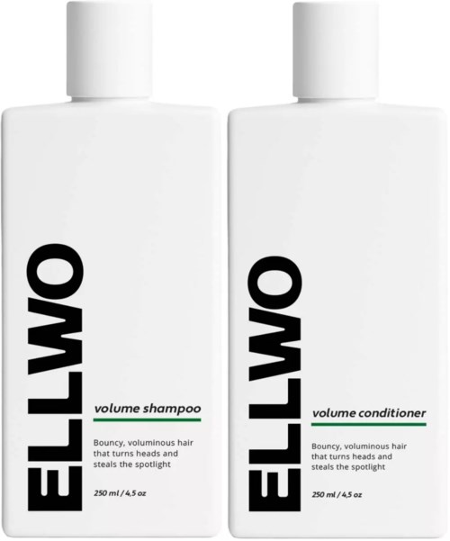 Two white bottles of Ellyo hair products, one for volume shampoo and one for volume conditioner, with black and green text.