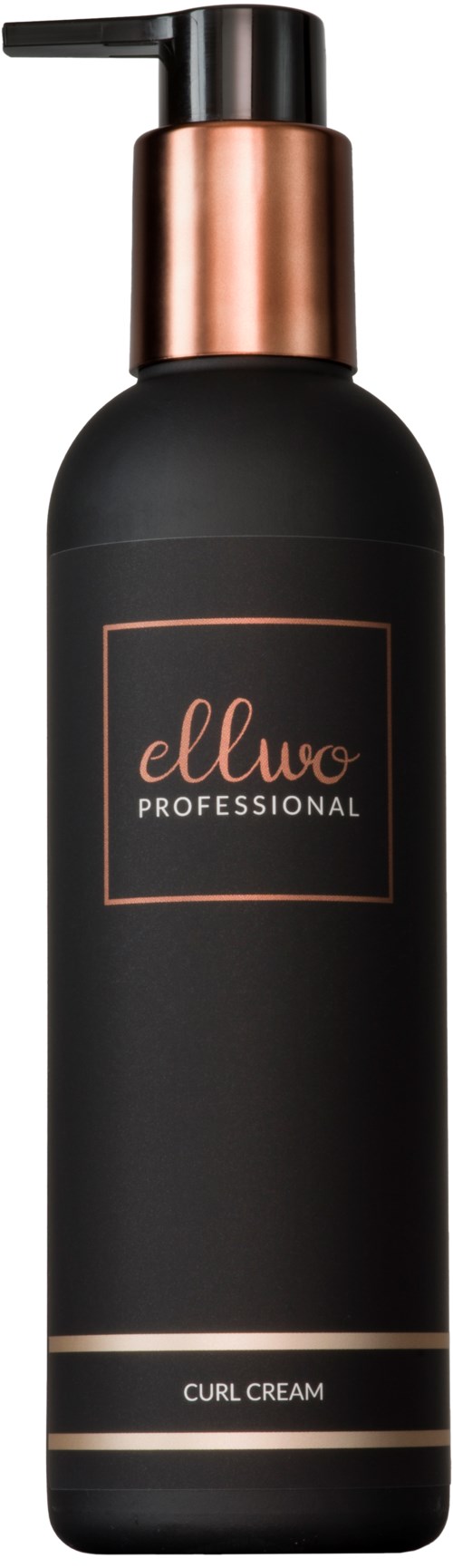 A black bottle with a pump, labeled 'ellwo PROFESSIONAL CURL CREAM,' featuring rose gold accents.