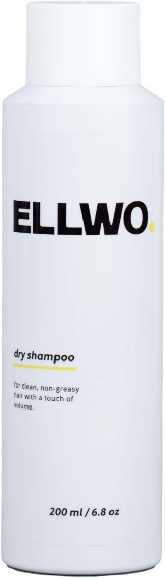 A white bottle labeled ELLWO with black text, marked as dry shampoo for hair, 200 ml size.