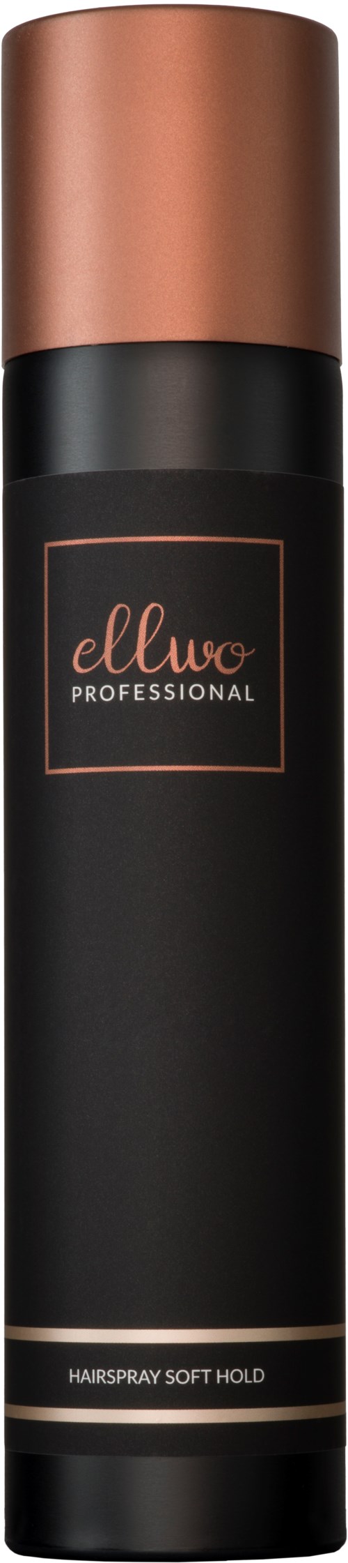 A tall, black hair spray can with a rose gold cap and label that says 'ellwo professional.'