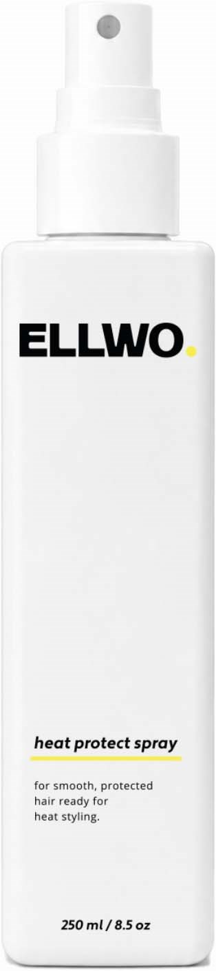 A white spray bottle labeled ELLWO heat protect spray for hair styling.