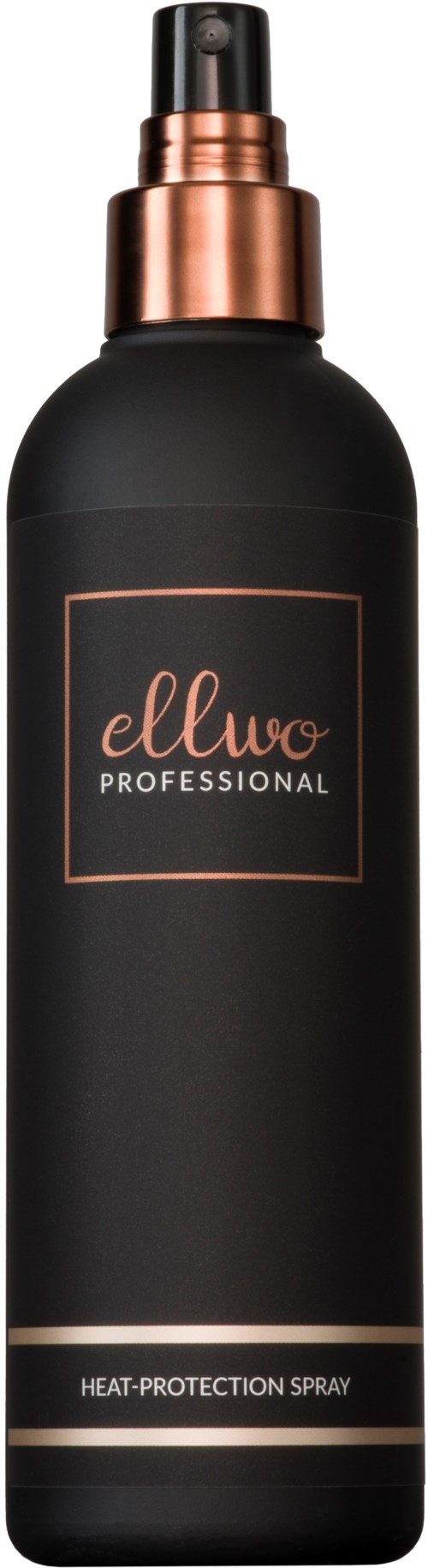 A black spray bottle with a copper-colored top, labeled 'ellwo PROFESSIONAL' and 'HEAT-PROTECTION SPRAY'.