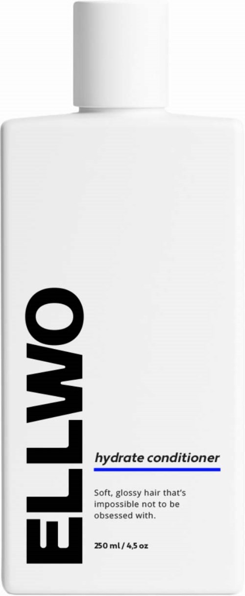 A white bottle labeled Ellow hydrate conditioner for soft, glossy hair, 250ml size, with black and blue text.