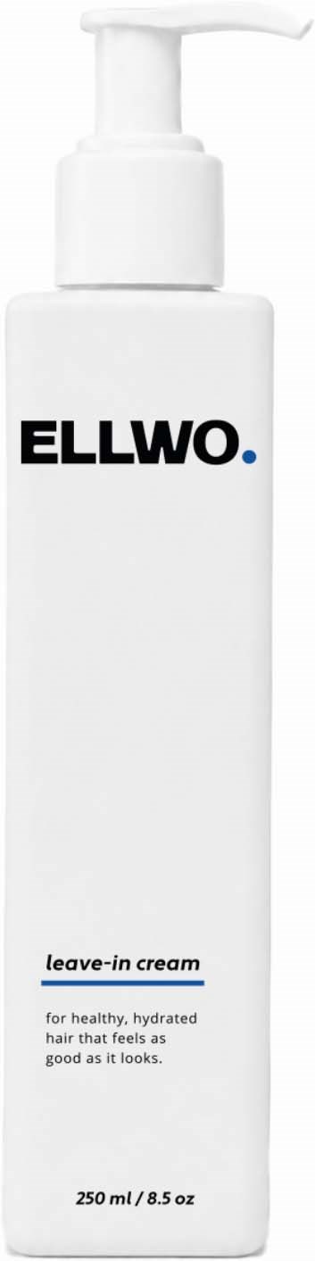 A tall white bottle with a pump, labeled ELLWO leave-in cream, for healthy, hydrated hair. 250 ml size.