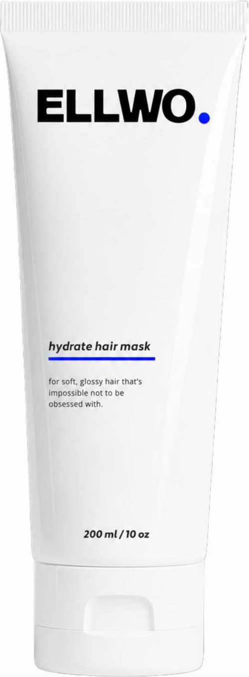 A white tube of Ellwo hydrate hair mask with black and blue text, showing 200 ml/10 oz capacity.