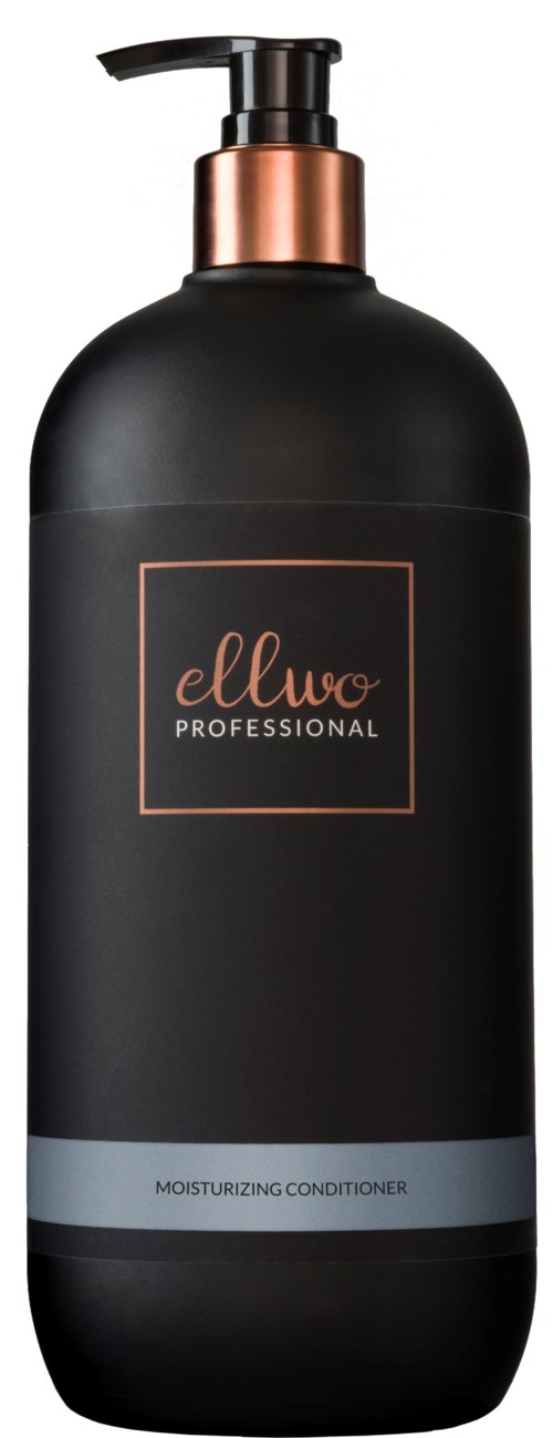 A large black bottle with a pump, labeled 'ellwo PROFESSIONAL,' likely a hair or skin product.