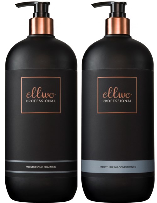 Two black bottles with pump tops, labeled as moisturizing shampoo and conditioner from Ellwo Professional.