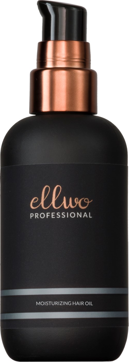 A black bottle with a pump, labeled 'ellwo professional,' contains moisturizing hair oil.