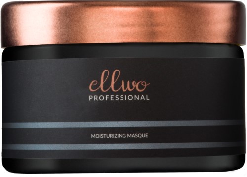 A round black container with a rose gold lid, labeled 'ellwo professional' and 'moisturizing masque,' used for hair care.