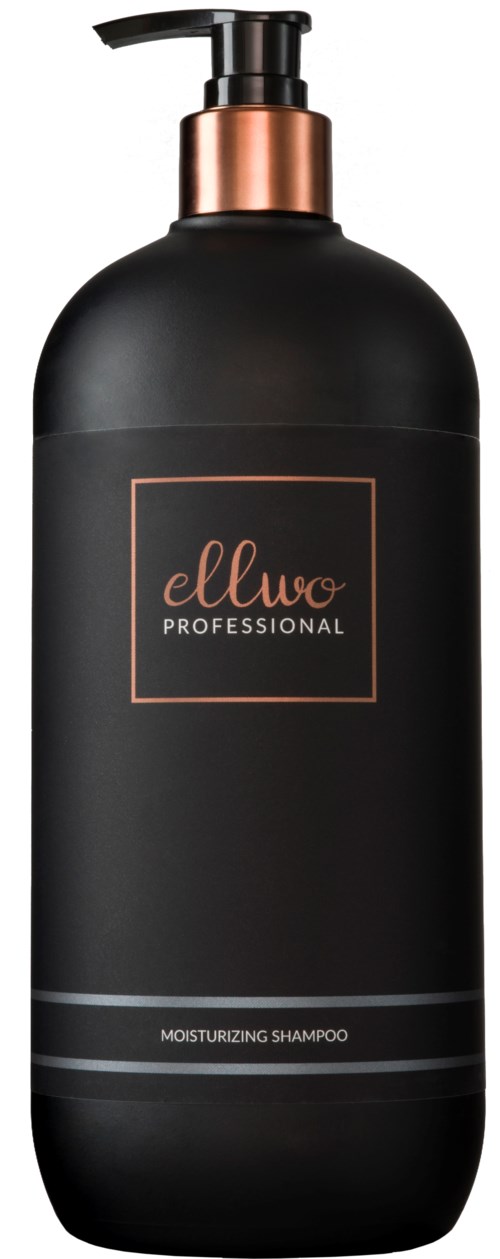 A black bottle with a pump, labeled 'ellwo PROFESSIONAL' and 'MOISTURIZING SHAMPOO', with rose gold accents on the pump.