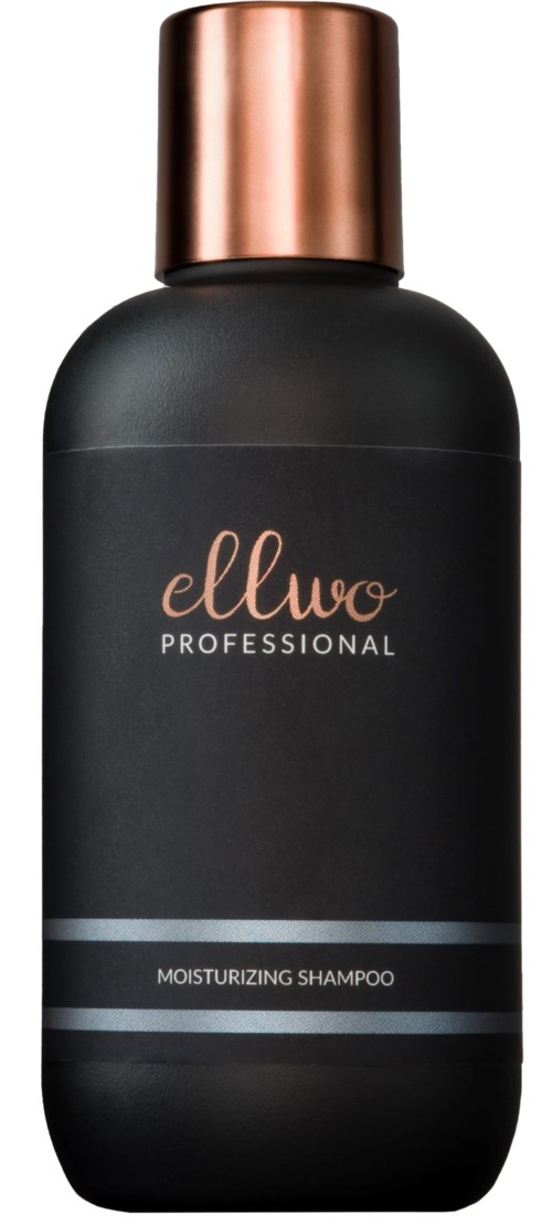 En svart flaska med kopparfärgat lock, märkt 'Ellwo PROFESSIONAL MOISTURIZING SHAMPOO.'