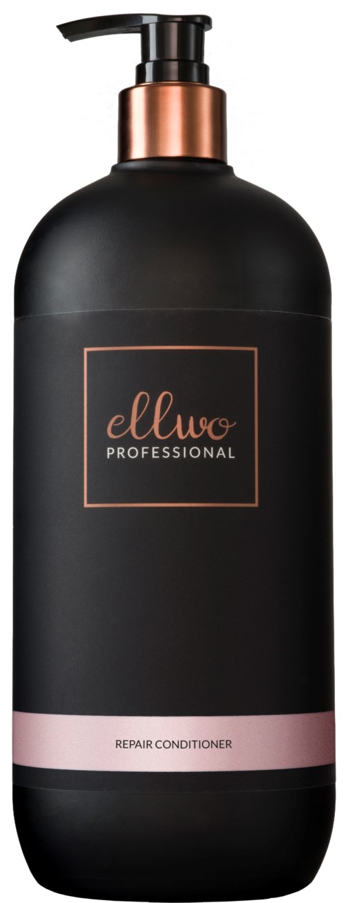 A black bottle with a pump, labeled 'ellwo professional' and 'repair conditioner'. It has a copper-colored top.