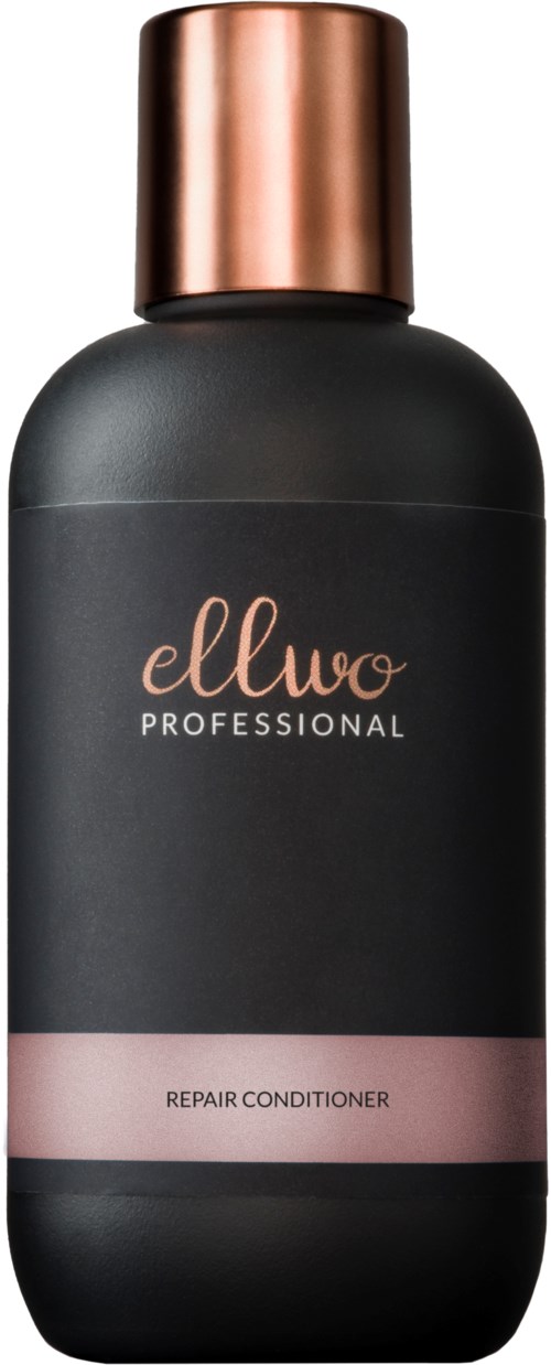 En svart flaska med rosegulddosa, märkt 'Ellwo Professional' och 'Repair Conditioner'.