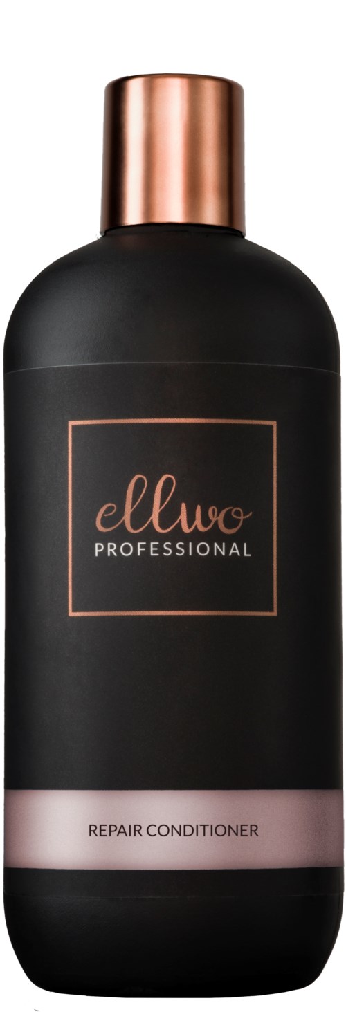 A black bottle with a rose-gold cap, labeled 'ellwo professional' and 'Repair Conditioner' at the bottom.
