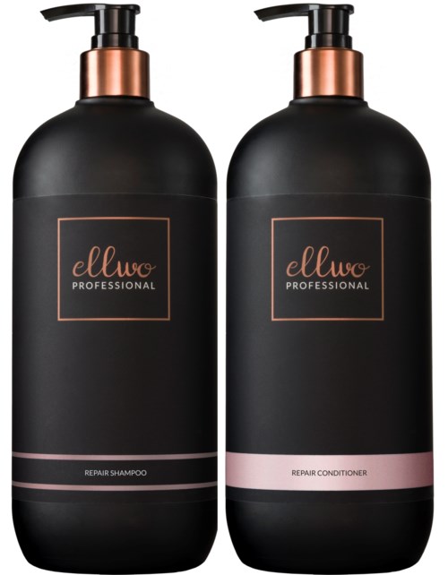 Two black bottles with pumps, labeled for shampoo and conditioner, with rose gold accents and simple design.