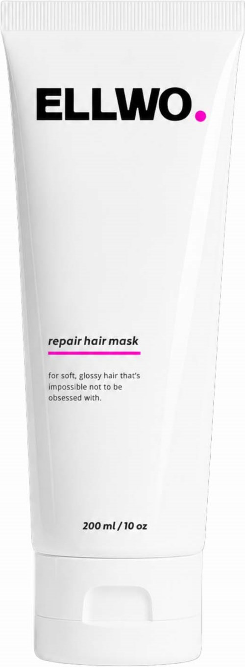 ELLWO repair hair mask with white tube and black and pink text, 200 ml, for nourishing and restoring hair.