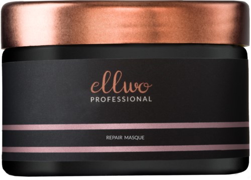 A black jar with a copper-colored lid, labeled "ellwo professional repair masque."