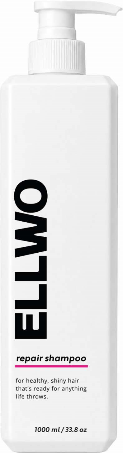 A white shampoo bottle with a pump, labeled OMILLO repair shampoo, 1000 ml, for shiny hair.