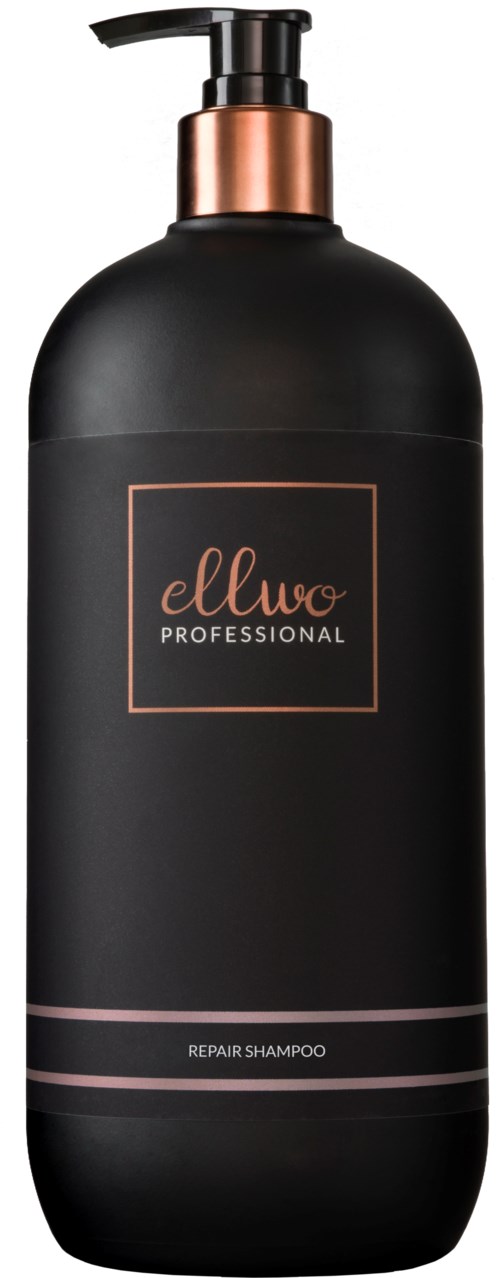 A black bottle with a pump. It has rose gold accents and says "ellwo Professional Repair Shampoo".