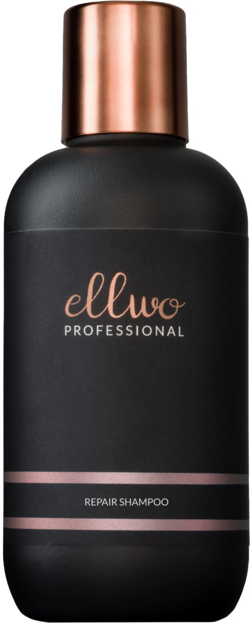 En svart flaska med roséguldlock, märkt 'ellwo professional repair shampoo' för hårvård.