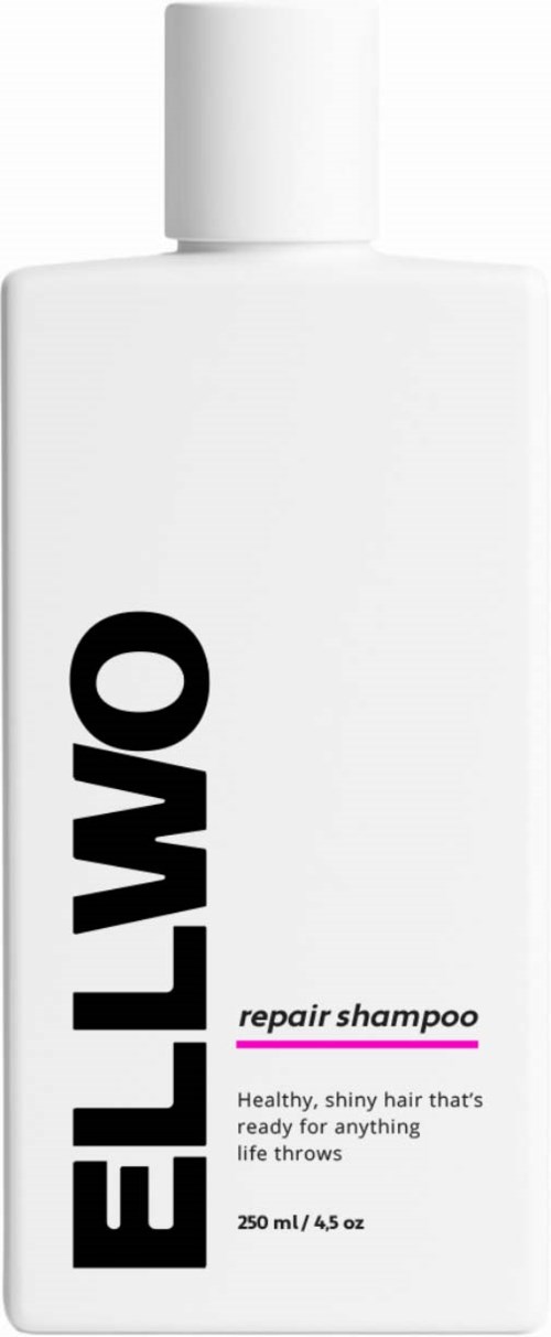 A white bottle labeled ELWOOD repair shampoo for shiny hair, containing 250 ml of product.