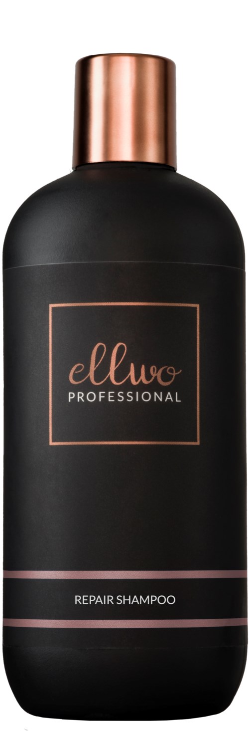 A black bottle with a rose gold cap, labeled Ellwo Professional Repair Shampoo.