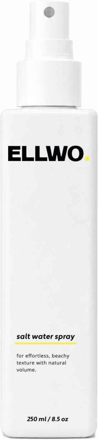 A white spray bottle labeled ELLWO salt water spray for beachy hair, 250 ml size, simple design.
