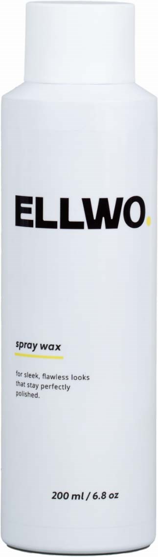 A tall white bottle with black text reads ELLWO spray wax, with details about its size and purpose.