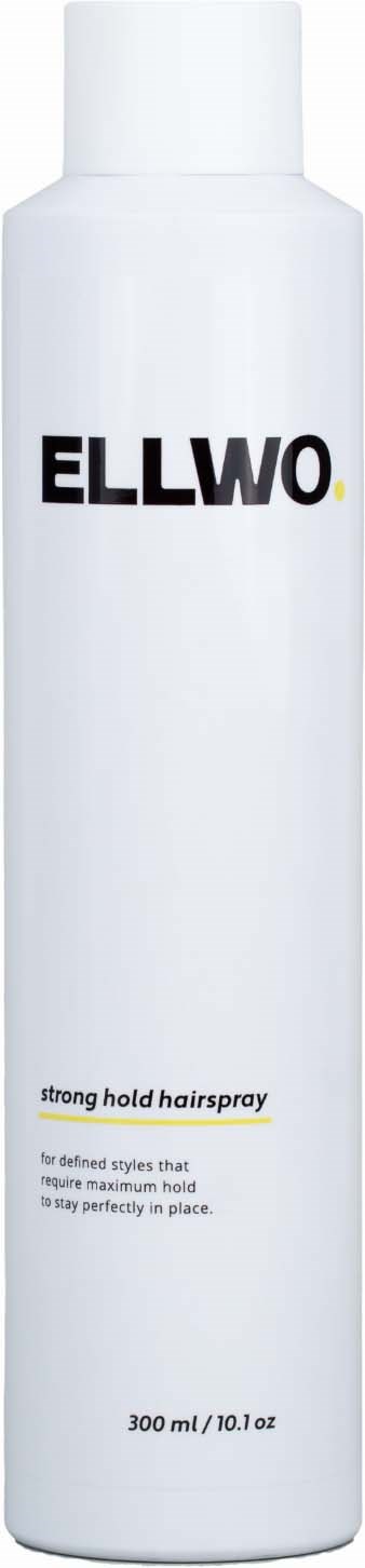 A tall white canister with black and yellow text labeled ELLWO for setting hairstyles. Strong hold hairspray.
