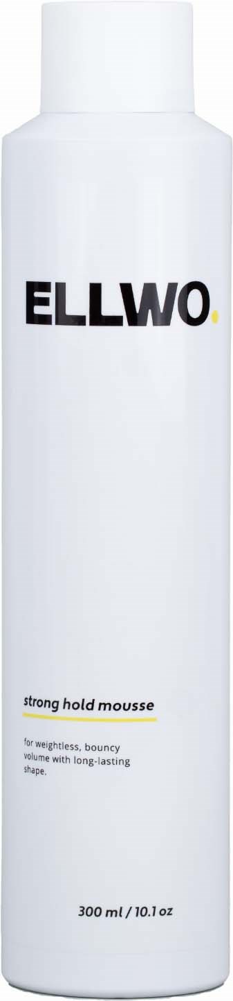 A tall white bottle labeled Ellwo strong hold mousse, designed for hair styling.