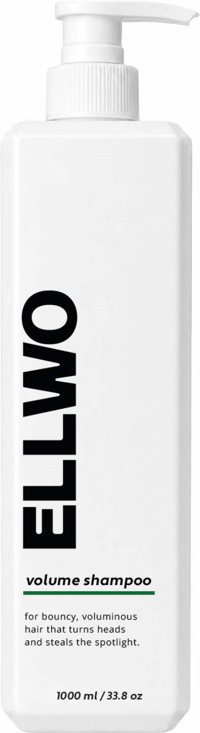 White bottle of OMLO volume shampoo with a pump dispenser, label shows product name and description.