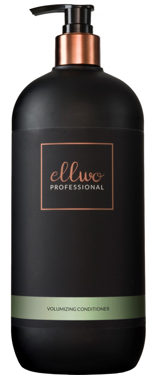 Black bottle with a pump, labeled 'ellwo professional' and 'volumizing conditioner' with a green stripe.