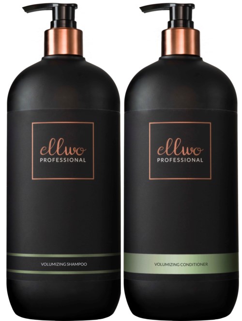 Two black bottles with pump tops, labeled 'ellwo PROFESSIONAL', contain hair shampoo and conditioner.
