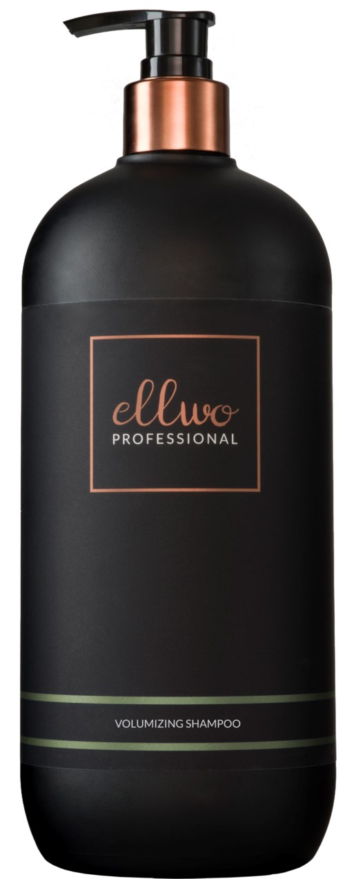 Black shampoo bottle with a pump, label says Ellwo Professional, volume shampoo. Simple design with copper and green accents.