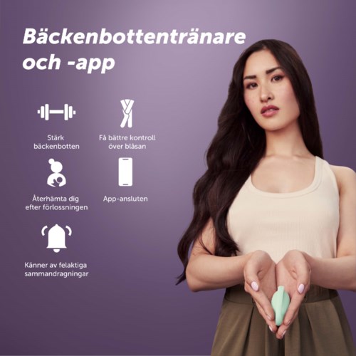 Frau hält ein grünes Gerät, mit schwedischem Text über Rücken-Trainer und App-Vorteile auf lila Hintergrund.