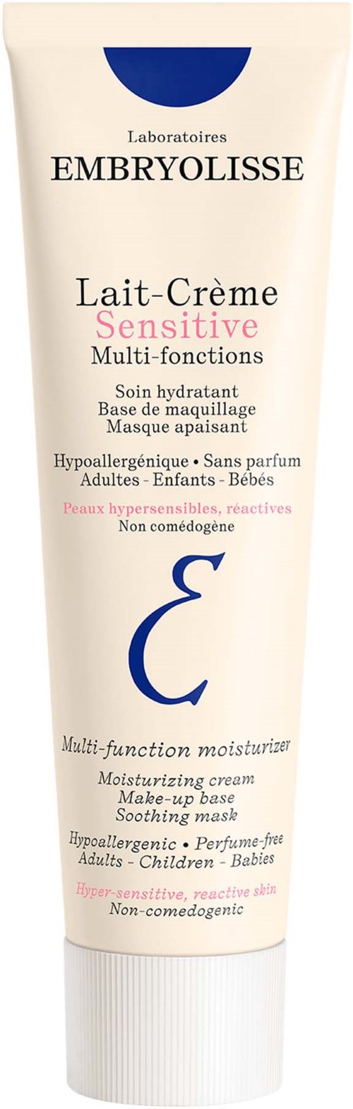 A tube of Embryolisse facial cream for sensitive skin, suitable for all ages, free from perfume, and designed to hydrate and soothe.