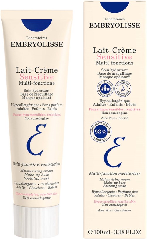 A tube of Embryolisse sensitive moisturizing cream and its box, both are mainly white with blue and pink text.