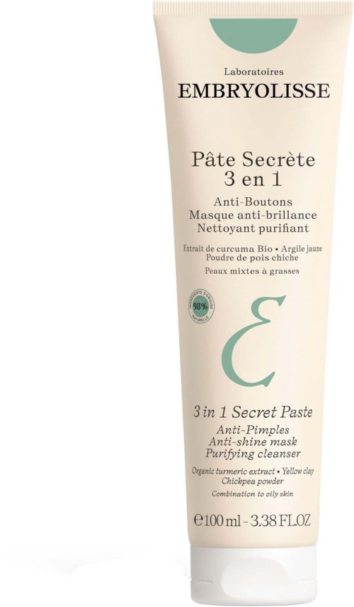 A facial mask tube labeled 'Embroylisse 3 in 1 Secret Paste' for oily, mixed, and shiny skin, with natural ingredients.