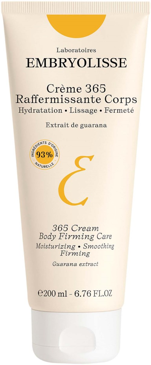 A white tube of Embryolisse body cream with gold and black text, stating it moisturizes and firms the skin.