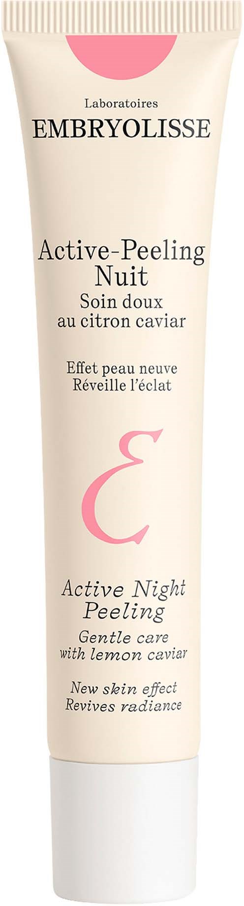 A skincare tube labeled Embryolisse Active Peeling Nuit with lemon caviar, meant for gentle night skin peeling.
