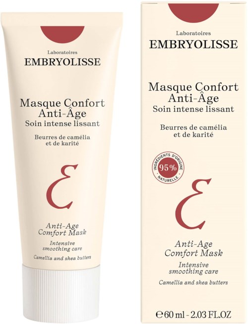 A tube and box of Embryolisse anti-age smoothing mask with camel and shea butters, 60 ml. Simple cream packaging.