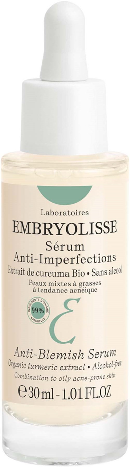 A small bottle of Embryolisse serum for skin blemishes with a dropper cap.