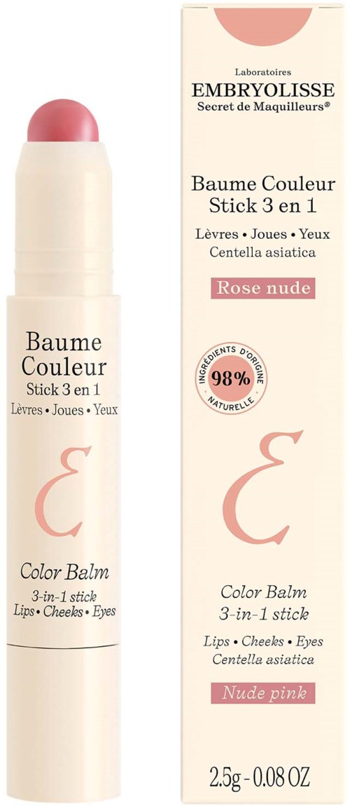 A white stick-shaped container with pink top, shows a logo and text. The box beside it has pink and white colors, with product details.