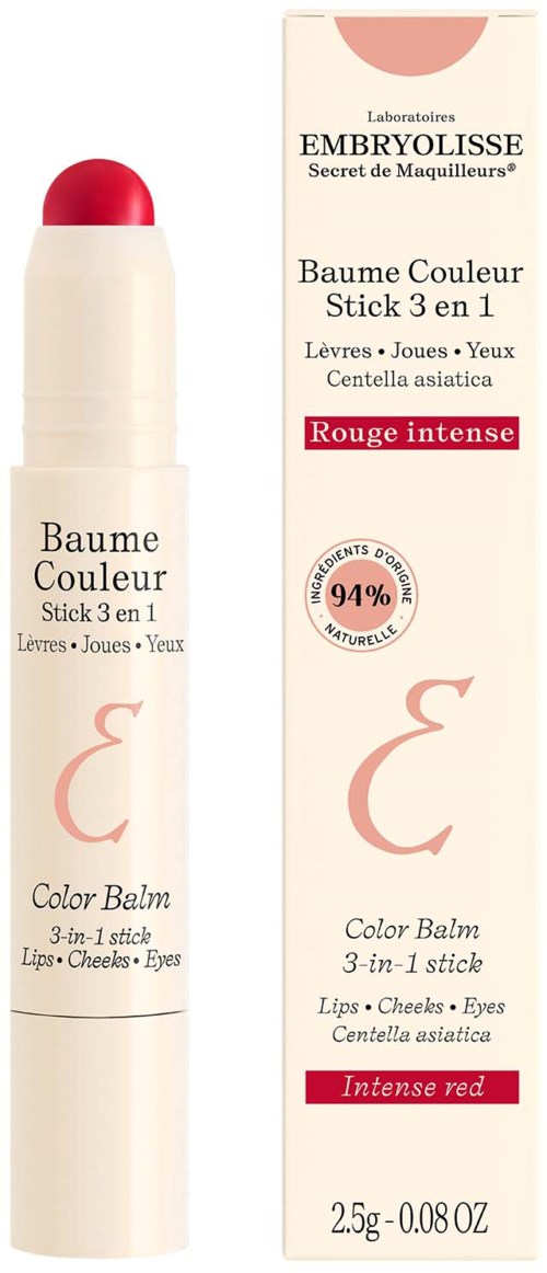 Lip balm in a white tube with red cap, labeled as 3-in-1 for lips, cheeks, and eyes, in red and beige packaging.