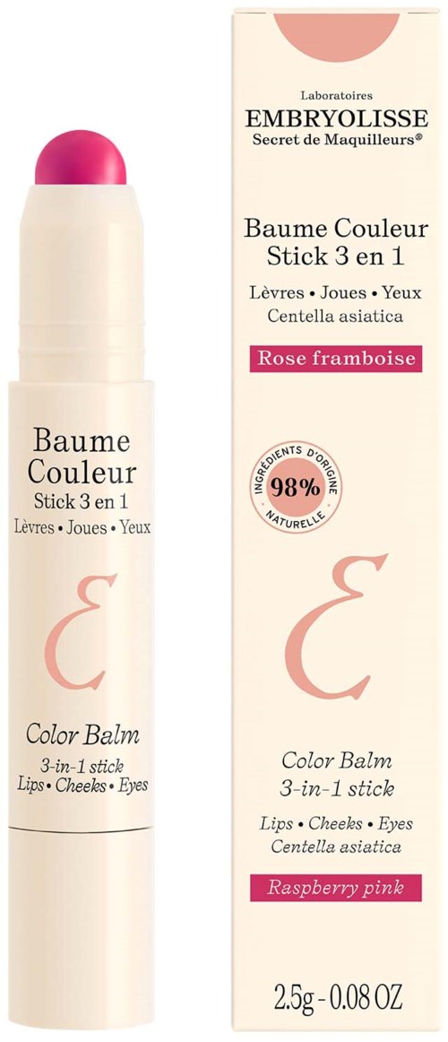 A white and pink stick for lips, cheeks, and eyes with rose raspberry color, in a box with similar design.