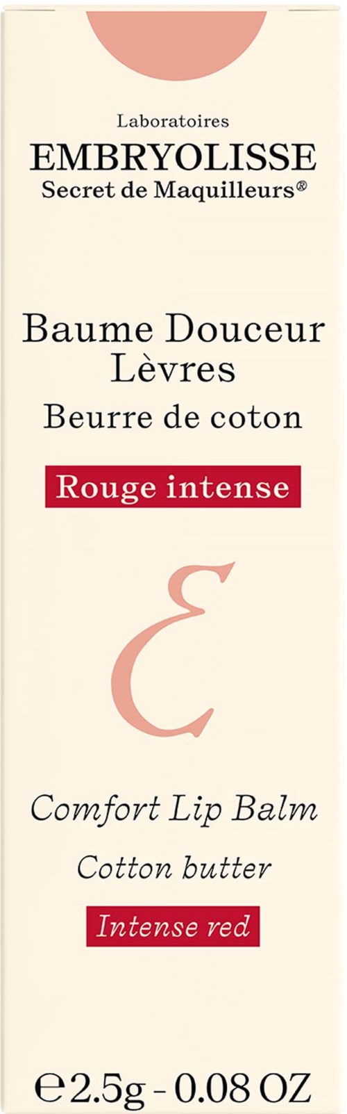 Lip balm pack with French and English text, highlighting intense red color, cotton butter, and 2.5g weight.